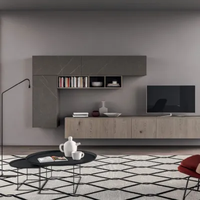 Parete Attrezzata sospesa Living T09 in Rovere e laminato HPL di Gentili Cucine