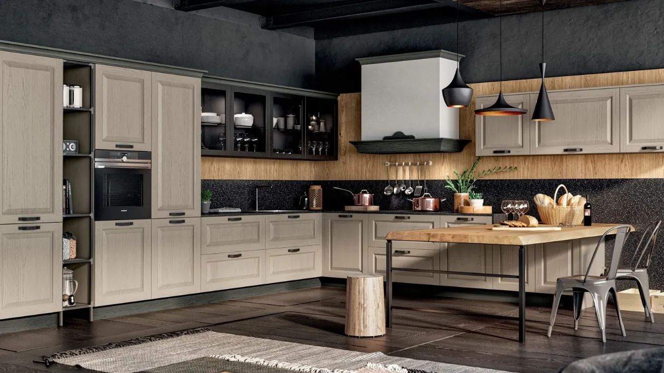 Cucina Classica angolare in Frassino Decapè con penisola in impiallacciato Rovere tinto Naturale Romantica 02 di Gentili Cucine